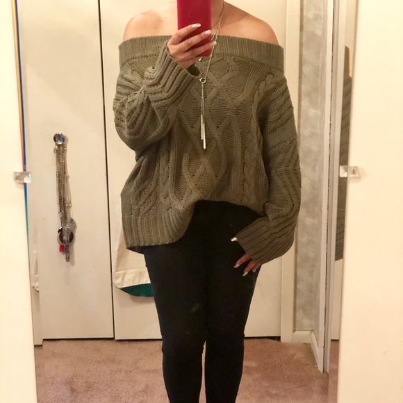 Off The Shoulder Cable Sweater- OLIVE - Picture 8 of 8